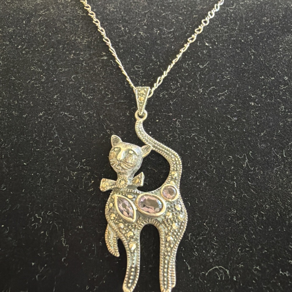 Sterling Silver Marcasite Cat Pendant Amethyst Necklace Vintage 23"